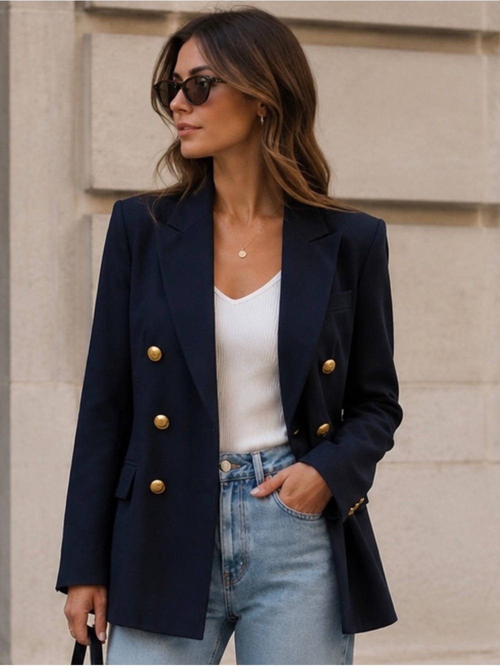 Ann Taylor Vintage Double Breasted Gold Button Navy Blazer Suit